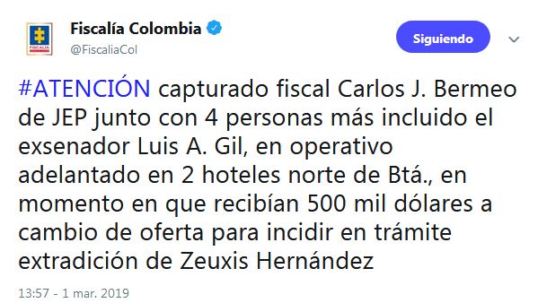Capturan a fiscal de la JEP y a exsenador Luis Gil por recibir USD500 mil para frenar extradición de Jesús Santrich