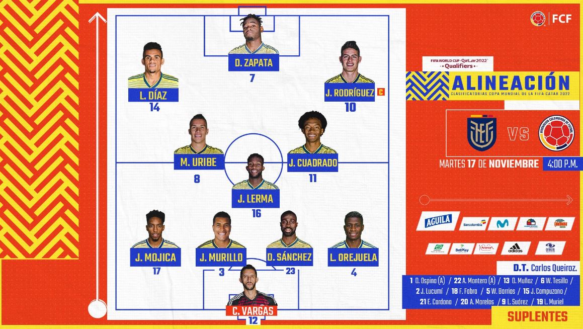 ¡Atención! Esta es la formación titular de Colombia para enfrentar a Ecuador