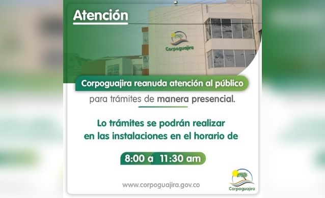 Corpoguajira reanuda atención al público para trámites de manera presencial