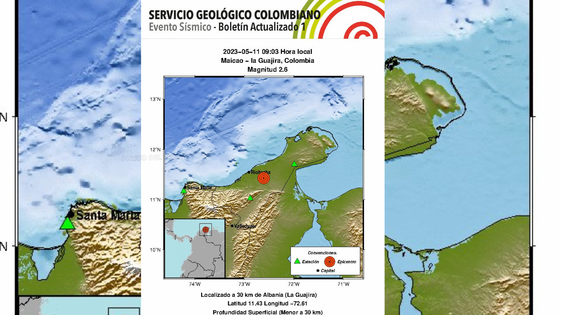 Sismo de 2.6 con profundidad 30 kilómetros se registró en el municipio de Maicao