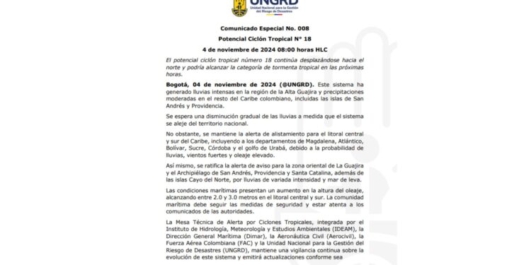 Ratifican alerta en el Caribe colombiano por potencial ciclón tropical 18