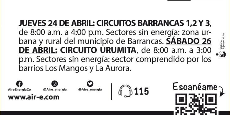 Air-e anuncia  los siguientes sectores sin energía