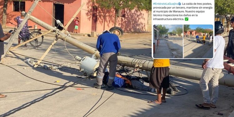 Air-e informó que caída de tres postes en Manaure fue provocado por terceros, un trabajador de una empresa de telefonía resultó herido
