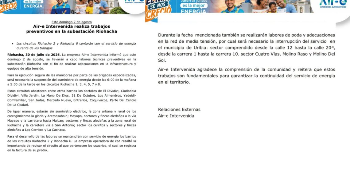 Air-e anuncia suspensión del servicio de energía este domingo en sectores de Riohacha y Uribia