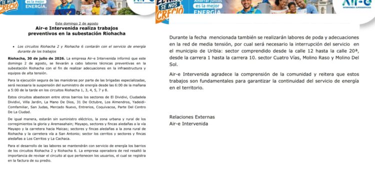 Air-e anuncia suspensión del servicio de energía este domingo en sectores de Riohacha y Uribia
