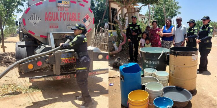 Policía lleva agua potable a familias del barrio Villa del Sol en Riohacha