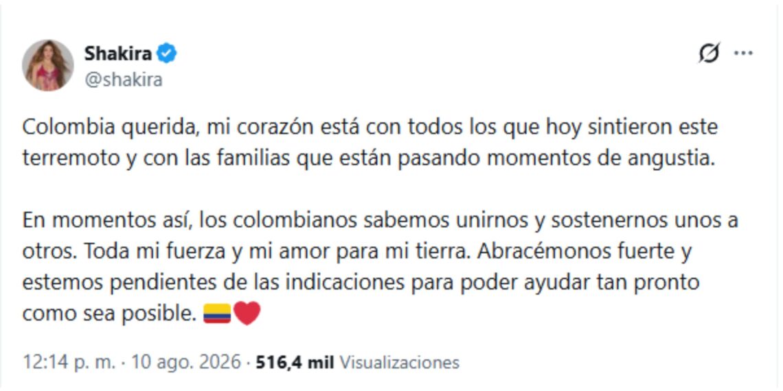 Shakira envió mensaje de solidaridad a Colombia tras terremoto de 7,4