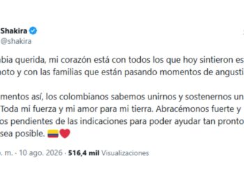 Shakira envió mensaje de solidaridad a Colombia tras terremoto de 7,4