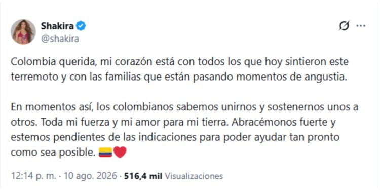 Shakira envió mensaje de solidaridad a Colombia tras terremoto de 7,4